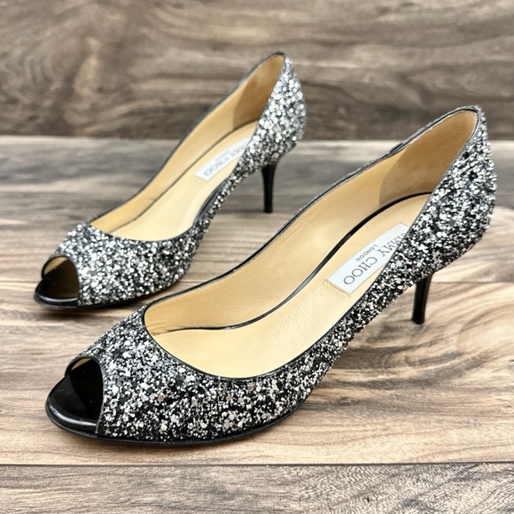 Jimmy Choo Isabel Coarse Glitter Fabric Silver/Black peep toe kitten heel EU 38 - Picture 4 of 14